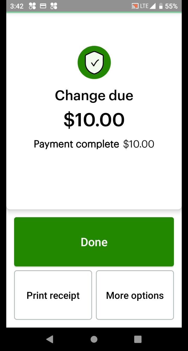 Change Due screen showing amount to return to customer.